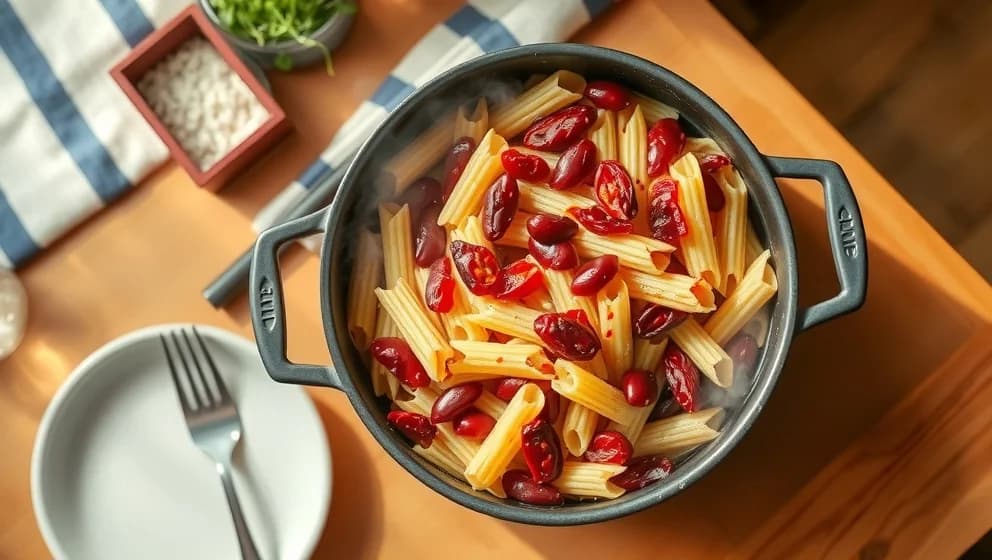 En pott pasta med bönor och soltorkade tomater